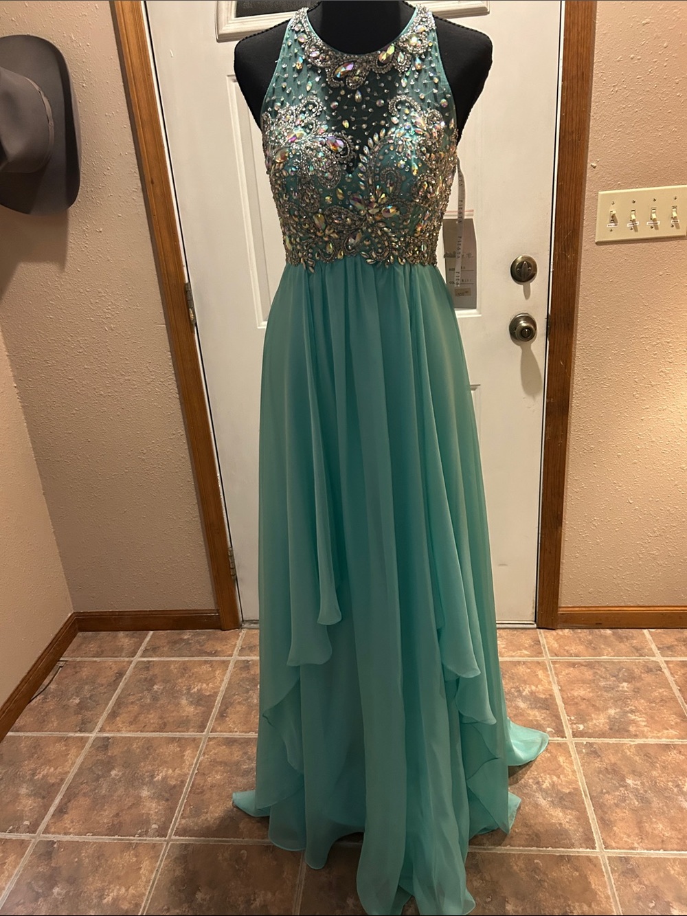 Fiesta Teal Beaded Halter Prom Gown